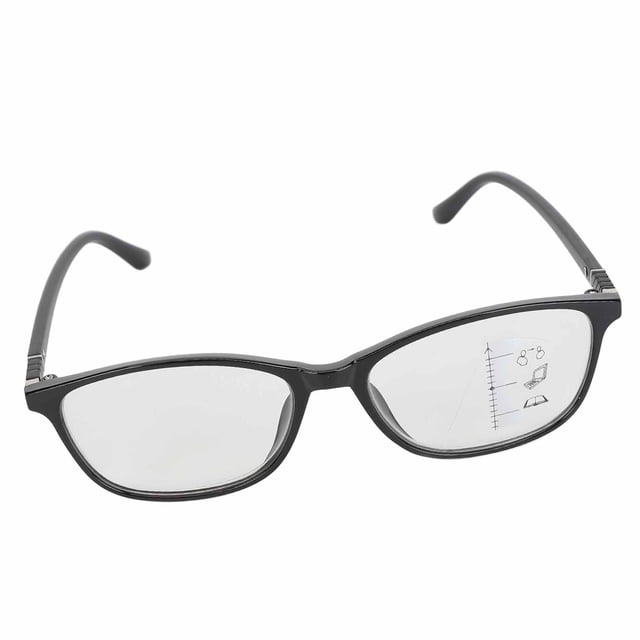 Multifocal Progressive Reading Glasses by YOUTHINK, featuring a black resin frame and clear progressive multifocal lenses. These glasses are designed to improve vision at both near and intermediate distances, effectively blocking harmful blue light to prevent eye strain and fatigue. Includes a transparent storage case for daily use.