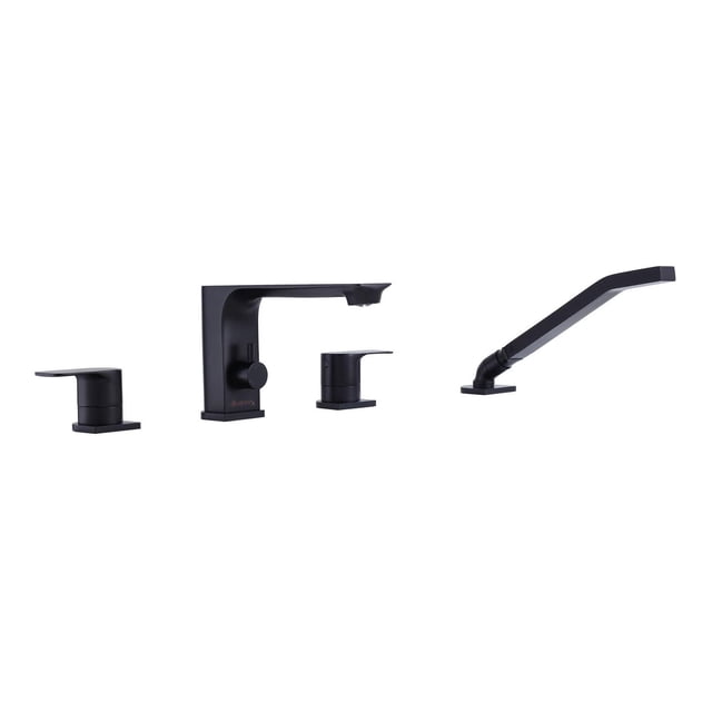 The akuaplus® Roman Bathtub Faucet ELENA with Hand Shower in solid brass - 4 Pieces, matte black finish with geometric circle and square design, includes a square spout, two square handles, and a square hand shower with flow restrictors, ideal for 4-hole installation in bathroom faucets and bathtub fixtures.