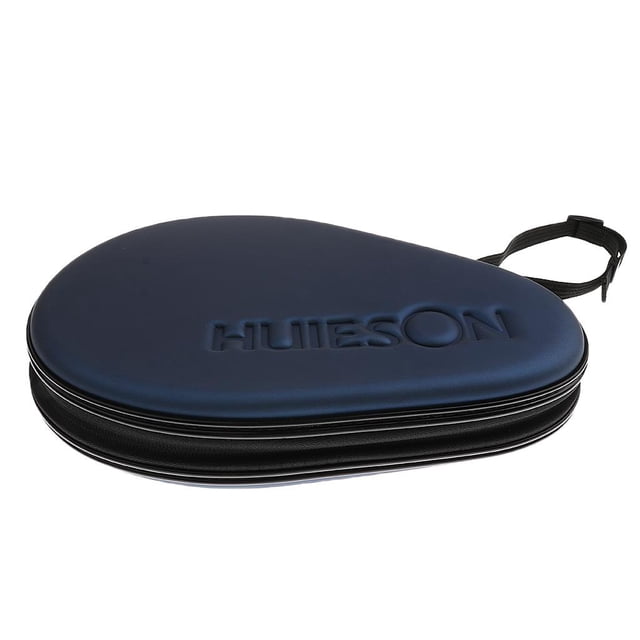 Professional Table Tennis Racket / Paddle Case Cover with Zipper Closure and Handle Strap in dark blue. Made of PU material with velvet lining and a smooth metal alloy zipper, this water-resistant and shock-resistant case provides protection for up to two table tennis rackets. Features a compact design measuring approximately 28 x 18 x 5 cm (11 x 7.1 x 2 inches) and includes a portable draw cord for easy carrying.
