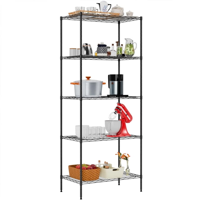 Large Wire Shelving Unit 5-Tier Metal Storage Shelves in black, featuring adjustable shelves and leveling feet. The unit measures 14 inches deep, 23.8 inches wide, and 60 inches high, with a total weight capacity of 500 lbs. Each tier supports up to 100 lbs, making it ideal for storing heavy items like appliances, tools, and bulk supplies. The durable V-shaped steel wire construction is rust-proof and scratch-resistant, ensuring long-lasting use. Shown in a home setting with various kitchen and household items organized on the shelves.