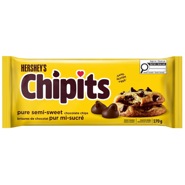 HERSHEY'S CHIPITS Pure Semi-Sweet Chocolate Chips 270g yellow bag with bold brown logo, two semi-sweet chocolate chips, and stacked chocolate chip cookies, labeled gluten free and high in saturated fat, suitable for baking and dessert use.