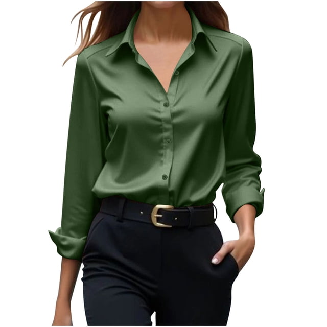 Yanlir Chemisier Haut à Revers en Satin Uni pour Femme, Printemps Automne, Col Rond, Mode Décontractée, Blouse à Boutons, Chemise Confortable pour Bureau Travail Tenue Quotidienne (Vert, 2TG)
