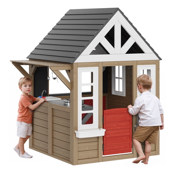 VEVOR Maisonnette de Jeu Extérieure en Bois pour Enfants Jardin Jeux Chalet avec Porte Fenêtre Évier