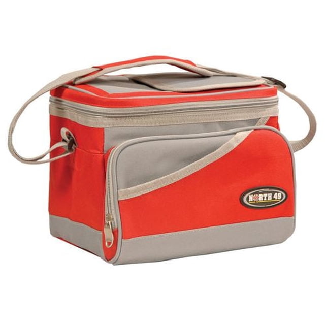 North 49 Soft Sided Cooler - S in red and grey durable polyester with foam insulation and heat sealed PVC lining, featuring a zippered top opening, front insulated zippered pocket, flap pocket, adjustable shoulder strap, and compression straps for easy folding, designed to hold 9 cans.