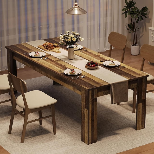 71" Long Dining Table for 6-8, Large Farmhouse Rectangular Kitchen Dining Room Table, Wooden, Thick Frame & Sturdy Triangular Legs, Wood Strip Base for Dinner, Kitchen, Office, Rustic Brown