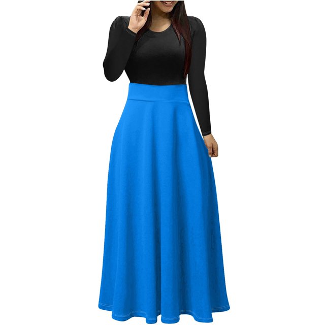 Robe d'Invitée de Mariage Grande Taille Robe Maxi pour Femme Unie à Manches Longues à Col Rond Chandail Robe Patchwork Fluide Robes d'Automne pour Femmes P-77 Bleu Ciel m