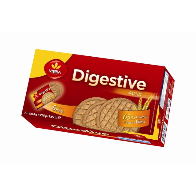 Vieira Digestive Biscuits Doses box featuring six individually wrapped oat-flavored digestive biscuits with 63% cereal fiber content, in a red and yellow 258 g (9.09 oz) package, ideal for balanced diet snacks and light treats.
