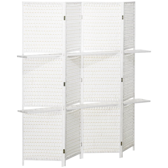 HOMCOM 6Ft 4 Panel Room Divider with Shelves, Partition Wall Divider, White