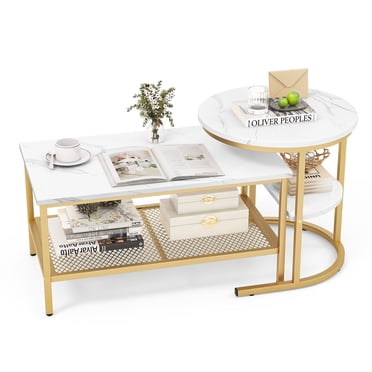 Gymax Ensemble de 2 Tables Basses Gigognes Dessus en Faux Marbre Détachable avec Tablette de Rangement Or