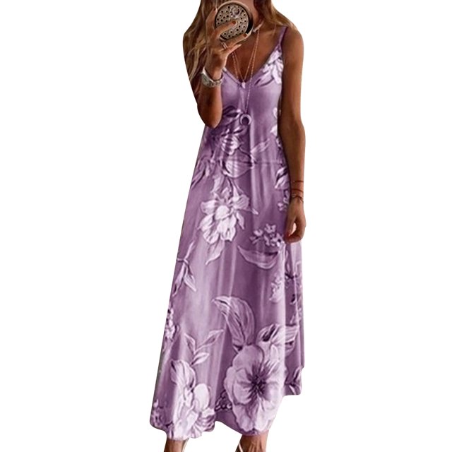 Bellella Robe Trapèze Sans Manches à Bretelles Col en V Longue Robe Maxi Sexy Imprimé Floral Quotidien Violet 4TG