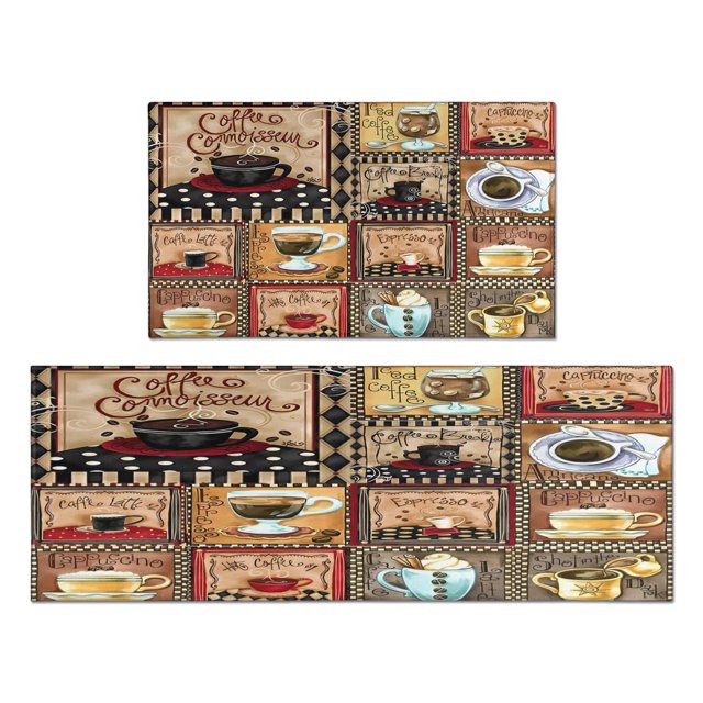 Coffee Farmhouse Plaid Style Kitchen Mats for Floor Washable Non-Slip, Absorbent Mats Set Of 2 for Sink Waterproof Runner Rug for Laundry Room,kitchen Mats 17.7x24+17.7x48inch