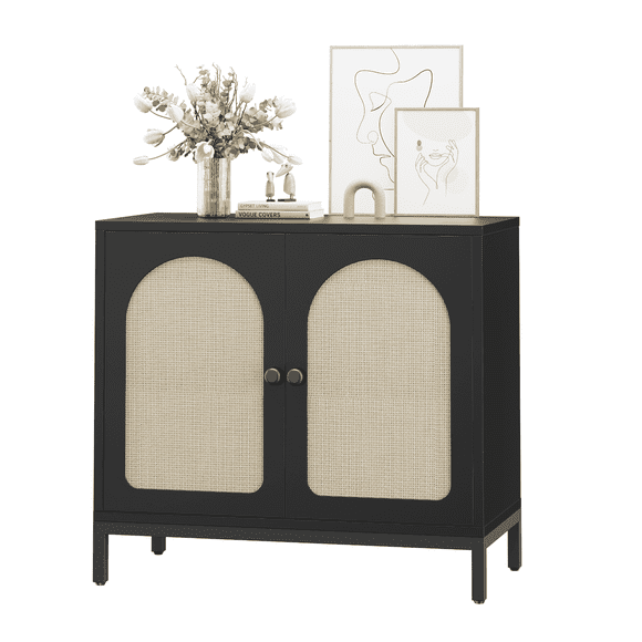 Bingirl Buffet Cabinet with Storage Kitchen Sideboard Console Table Adjustable Shelf Two-Door Rattan Accent Cabinet with Arch Carving for Living Room Hallway Dining Room Black