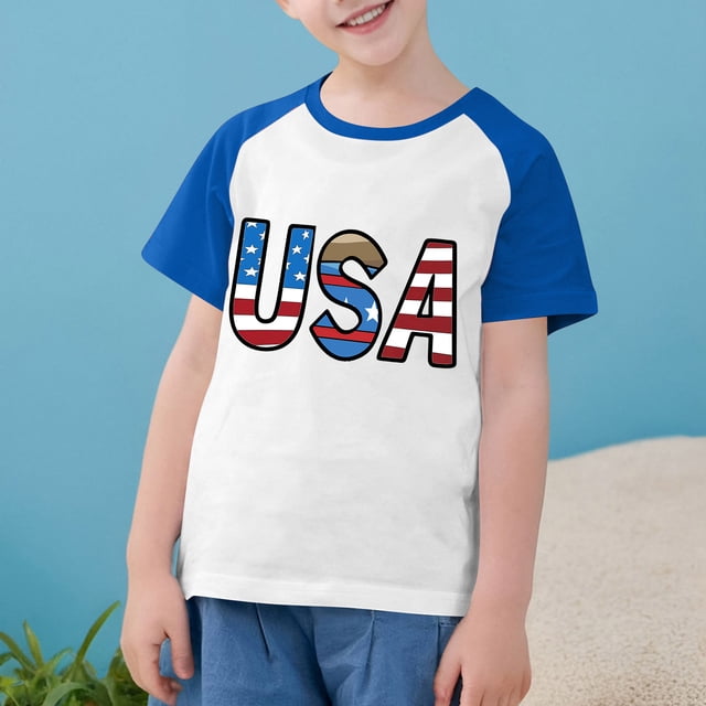 MKOSPLRT Chandails USA Tout-Petits Chandails Drapeau Américain Manches Courtes T-Shirts Raglan à Blocs de Couleur Col Rond T-Shirts Jour de l'Indépendance Chandails de Rentrée