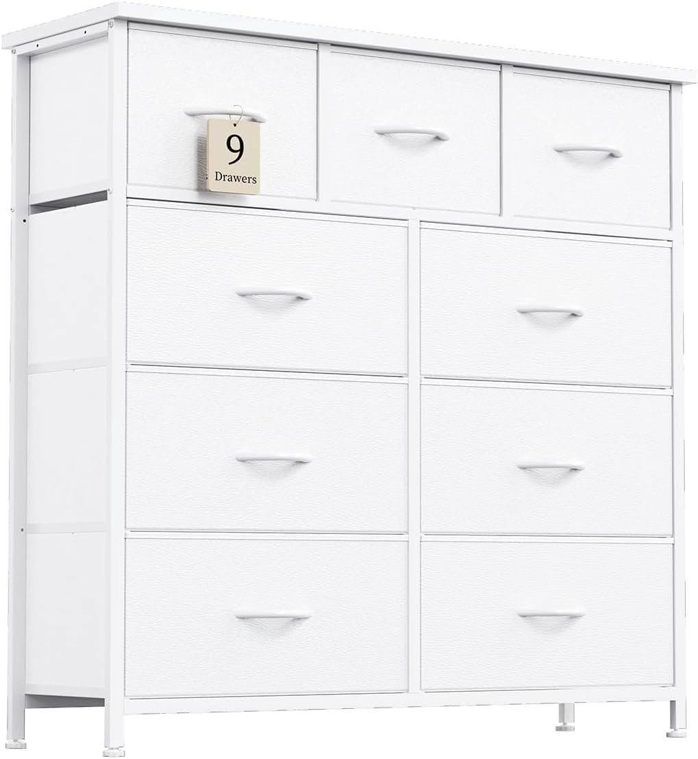 Bedroom Dresser with 9 Drawers, Wood Top Drawer Chest, High Dresser Bedroom Gap, Living Room TV Stand Storage Drawers, Wardrobe, Entryway, White,7 Drawers