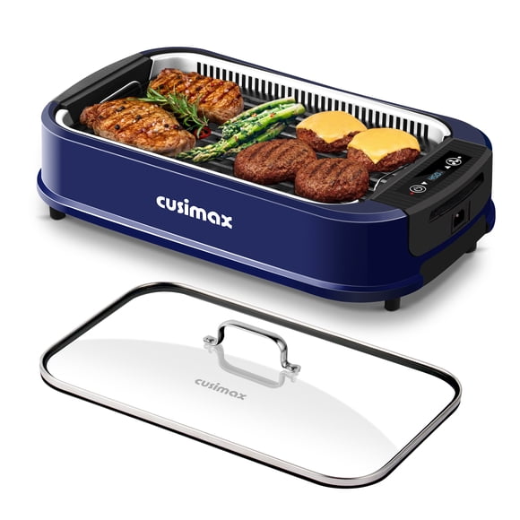 CUSIMAX Gril Intérieur Sans Fumée 1500W, Gril Électrique, Plaque Amovible Simple Antiadhésive, Idéal pour BBQ Coréen, Facile à Nettoyer, Bleu