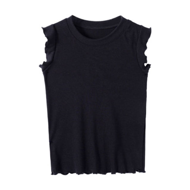 LUOGENLI T-Shirt pour Filles Hauts d'Été pour Filles Manches Courtes Col Rond Blouse Tenue Décontractée T-Shirt Ludique pour Porter Tissu Confortable Extensible Âge 4 10 Maxi Chemises Shorts pour Filles Noir 5-6 Ans