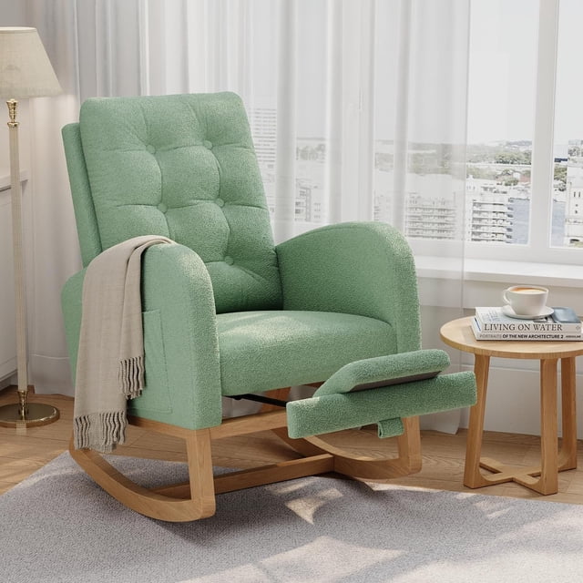 Twister.CK Modern Rocking Accent Chair with Footrest in green, featuring a tufted upholstered design and soft-touch fabric. The chair includes a padded seat and backrest, ergonomic armrests, and a smooth rocking motion supported by a durable hardwood frame. A built-in side pocket adds convenience, making it ideal for nurseries, living rooms, or bedrooms. Shown in a bright room with a side table and decor.