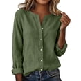 thumbnail image 3 of FAVIPT Womens Trendy Spring Blouses Cotton Linen V Neck Shirts Button Front Long Sleeve Loose Fit Tunics Army Green,L, 3 of 9