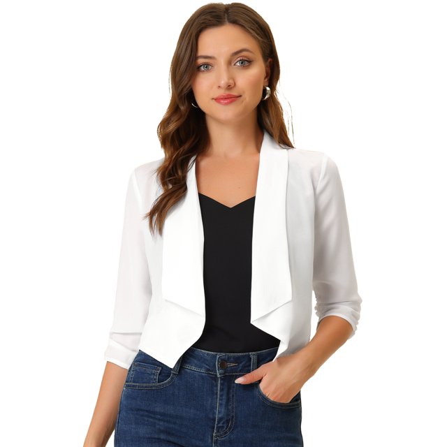 INSPIRE CHIC Cardigan Léger pour Femme à devant Ouvert, Manches 3/4 Froncées, Revers Châle, Blanc G