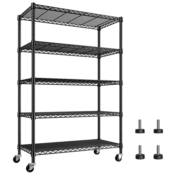 Exenoray 5-Shelf Storage Shelves, Wire Shelving Unit Metal Shelves Heavy Duty Rack with Caster Wheels for Pantry, Garage, Black 16" x 36" x 76"