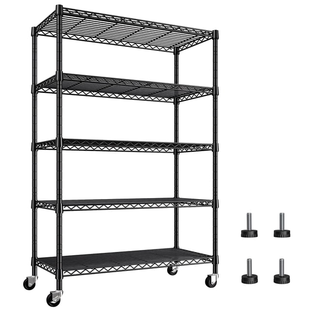 Exenoray Étagères de Rangement à 5 Tablettes, Unité d'Étagères en Fil Métallique Noire avec Cadre en Acier Robuste et Roulettes, Mesurant 16 x 36 x 76 Pouces. l'Unité Comprend Cinq Niveaux Ajustables avec une Capacité de Charge de 395 Lb par Tablette sur Pieds de Nivellement et 200 Lb par Tablette sur Roulettes. Comprend des Pieds de Nivellement Ajustables pour la Stabilité sur les surfaces Irrégulières et des Roues Amovibles pour une Capacité de Charge Accrue. Convient pour une Utilisation dans les Garde-Manger, les garages, les Cuisines et les Ch