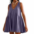 thumbnail image 2 of Penkiiy Robe Courte Sans Manches à Col en V pour Femme, Ample, d'Été, Plissée, Évasée et Fluide, 2TG, Violet, 2 of 7
