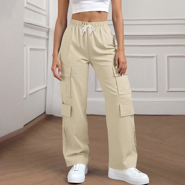 Lenpel Women's Wide Leg Cargo Pants Elastic High Waisted