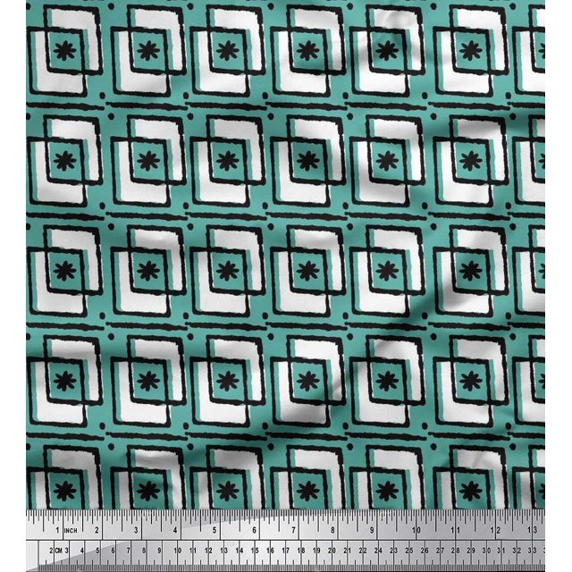 Soimoi Moss Georgette Fabric Square & Floral Block Printed Craft Fabric by The Yard 42 Inch Wide