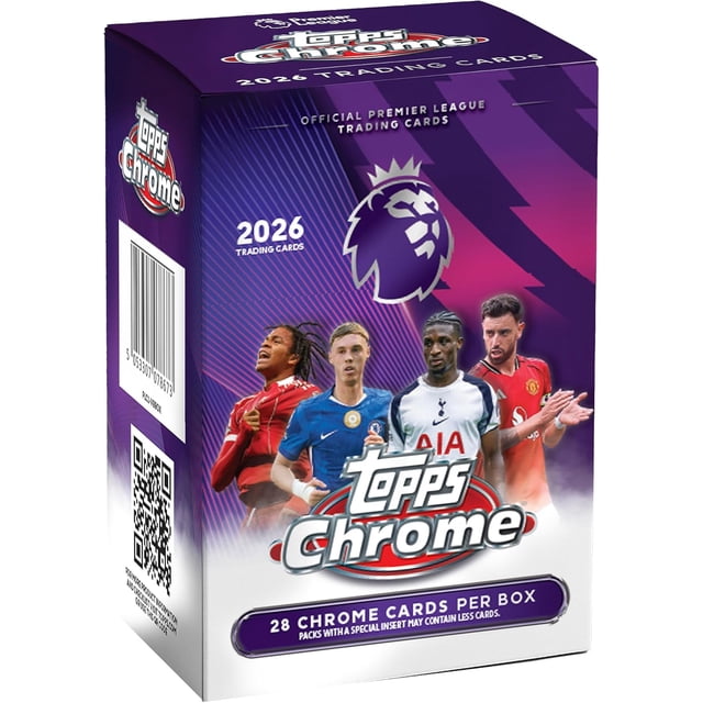 2026 Topps Chrome Premier League Soccer Value Blaster Box featuring official Premier League trading cards. The box design showcases the Premier League logo and images of soccer players in team jerseys, representing clubs like Liverpool, Arsenal, Manchester City, and Chelsea. Contains 7 packs with 4 cards each, totaling 28 cards, including 2 exclusive Monday Night Lights inserts, 4 RayWave parallels, and 1 numbered parallel. Ideal for collectors of soccer trading cards.