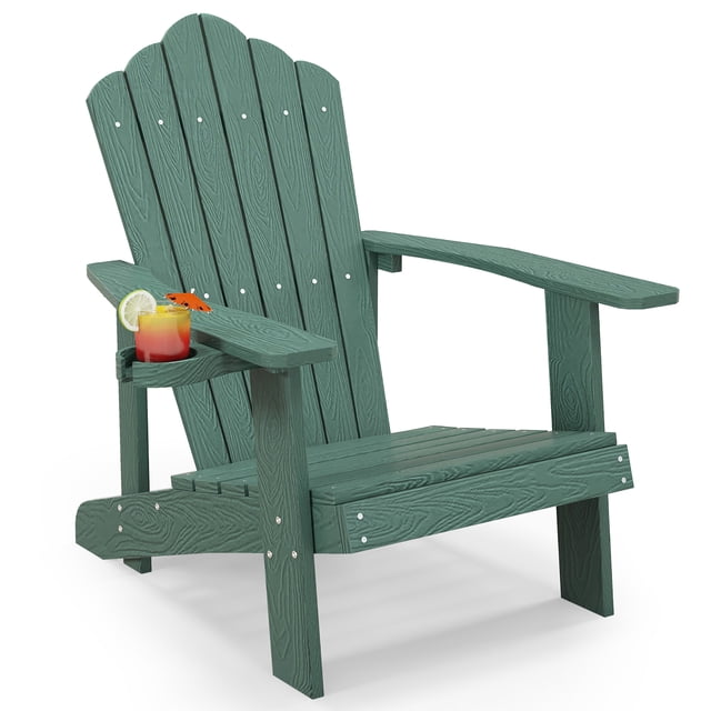 Gymax Patio Hanches Extérieur Résistant aux Intempéries à Lattes Chair Adirondack Chair en Vert Foncé, Doté d'Un Dossier Haut en Forme de Coquille, d'Un Siège à Lattes Profilé et de Larges Accoudoirs avec Porte-Gobelet Dissimulé. Fabriqué en Matériau durable HIPS avec Vis en Acier Inoxydable, Conçu pour une Utilisation Extérieure dans les patios, Jardins Ou au Bord de la Piscine. Souvent Appelé Chaise Muskoka au Canada, Idéale pour la Détente dans Divers Espaces Extérieurs.