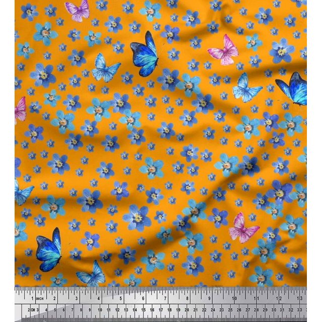 Soimoi Crepe Silk Fabric Butterfly & Flower Printed Fabric 1 Yard 42 Inch Wide