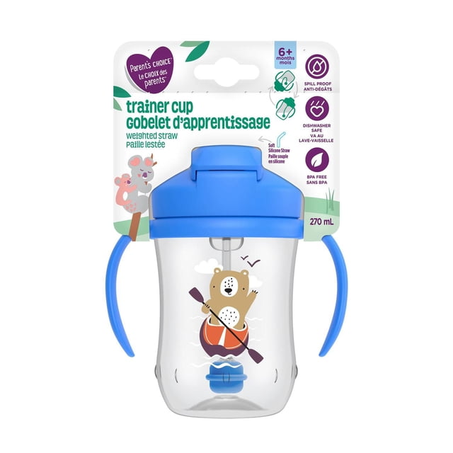 Parent’s Choice Trainer Cup with Weighted Straw, 270 mL, 6 months+, blue toddler sippy cup with spill-proof sliding lid and removable side handles, clear body featuring a bear paddling a canoe illustration, designed for easy grip, dishwasher safe, and BPA-free.