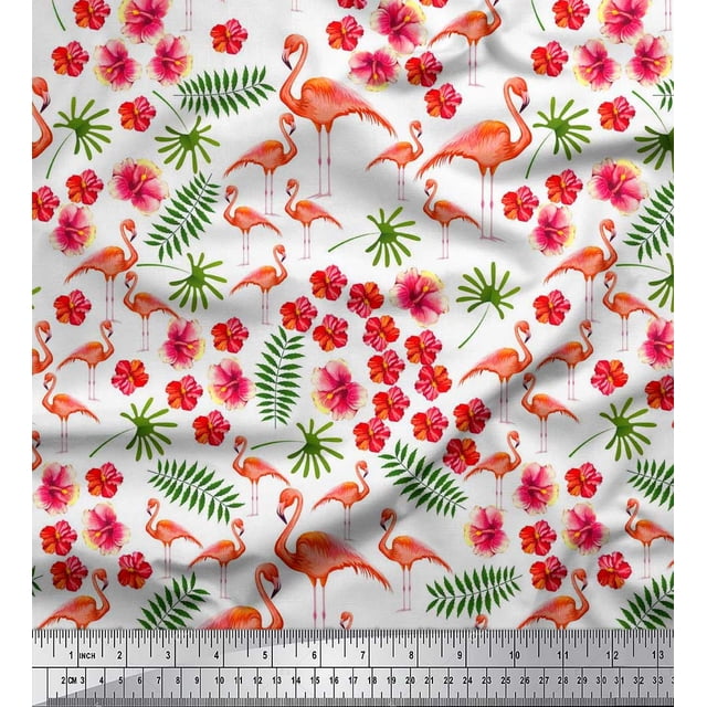 Soimoi Polyester Crepe Fabric Leaves,Floral & Flamingo Bird Decor Fabric Printed Yard 52 Inch Wide