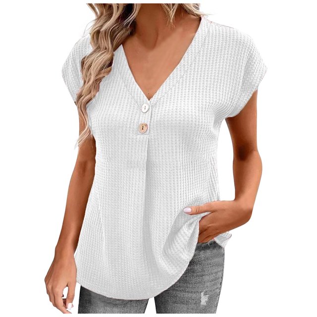 Timegard Womens Tops V Neck Button Ruched Cap Short Sleeve Solid Color Tee Dressy Casual Tunic Tops