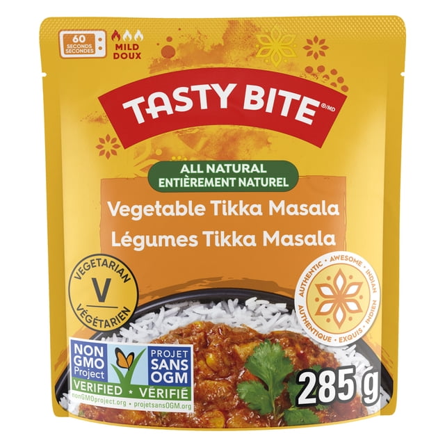 TASTY BITE TIKKA MAS vegetable tikka masala in a yellow BPA-free microwavable pouch, labeled all natural, vegetarian, and non-GMO verified, showing creamy tomato masala vegetable curry over white rice, 285 g, suitable for quick Indian meals.