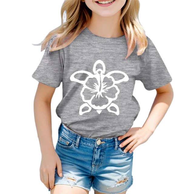 LUOGENLI T-Shirt pour Filles Garçon et Fille Mode Décontractée Imprimé Col Rond Ample Manche Courte T-Shirt Haut Boho Maxi Hauts Gris 3-4 Ans