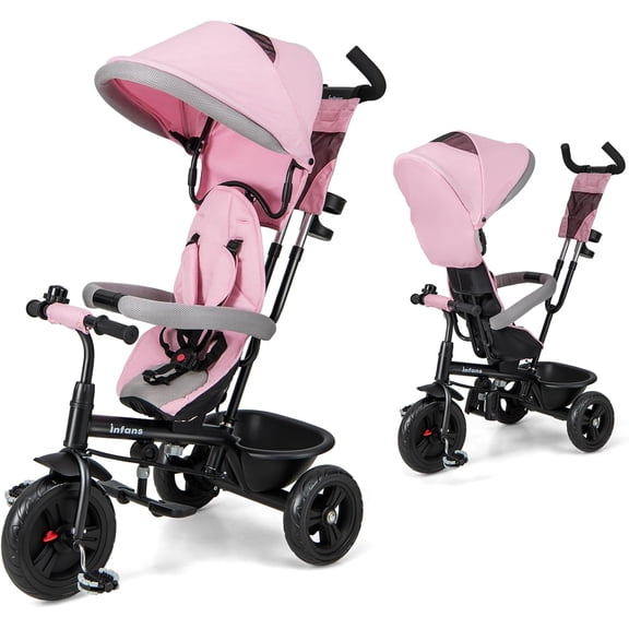INFANS Tricycle pour Enfants, Tricycle 6 en 1 pour Bébé Vélo pour Tout-Petit avec Siège Réversible, Poignée Poussoir Ajustable, Direction Contrôlable, Auvent Amovible, Harnais de Sécurité, Ceinture, Rangement, 9-60 Mois