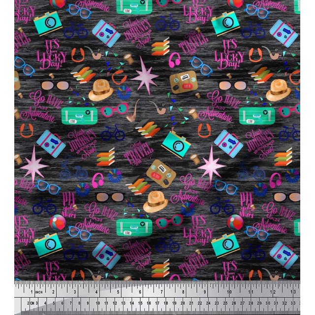 Soimoi Satin Silk Fabric Camera,Hat & Briefcase Travel Print Fabric by Yard 42 Inch Wide