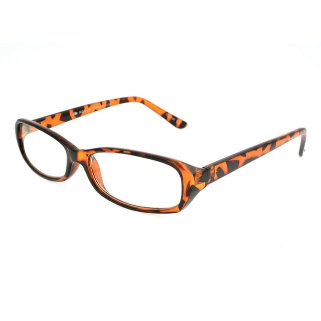 Gail 2.0 Lunettes de Lecture par Foster Grant avec Montures Rectangulaires en Plastique à Imprimé Écaille et Verres Transparents Résistants aux Rayures et aux Impacts, Vues de devant Inclinées sur Fond Blanc, Convenant aux Tâches de Lecture et de Gros Plan.