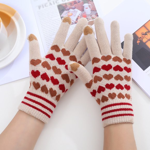 Beige Gloves Mittens Women Can Enable Screen Gloves Warm Stretch Knitted Gloves Mittens Winter Keep Warm Knitting Heart Printing Golves Students Outdoor Riding Hiking Mittens