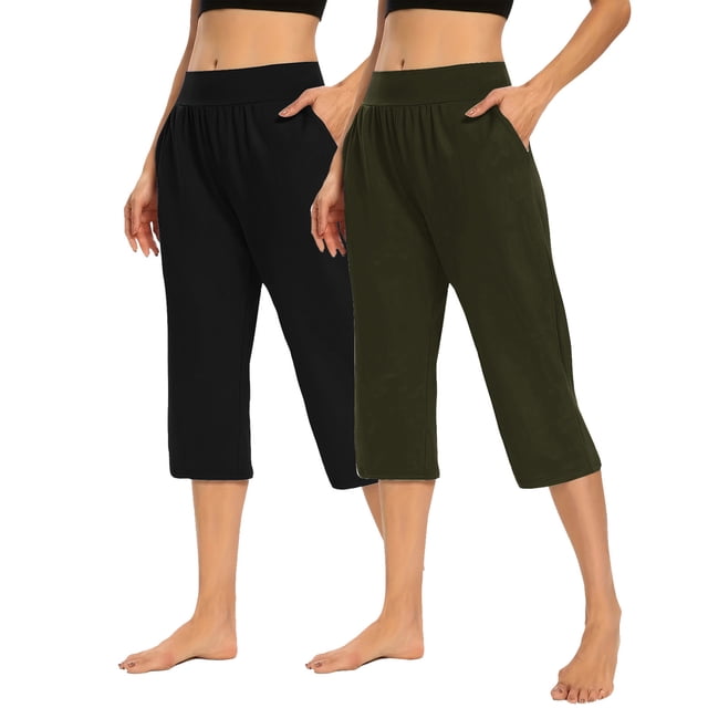 Timegard Capri Pants for Women 2pc Straight Leg High Waist Comfy Casual Cropped Pants Solid Color