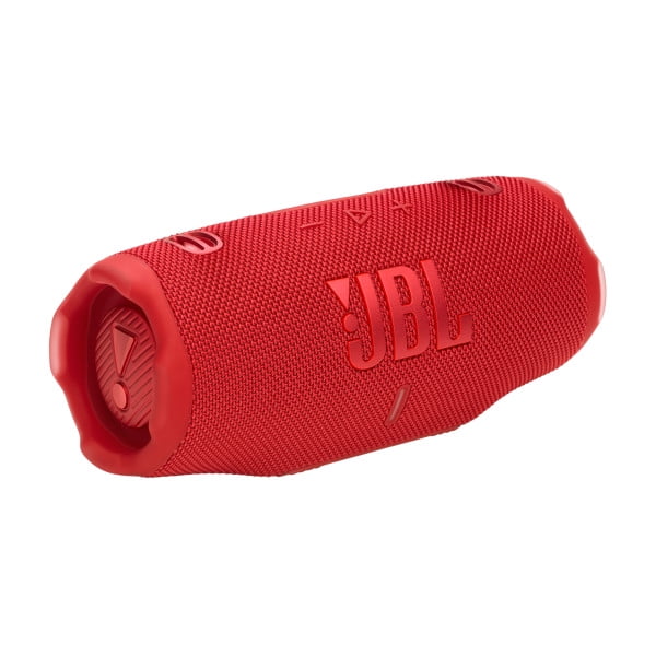 JBL Charge 6 portable waterproof and drop-proof speaker in red, shown in a 3/4 angled view with textured fabric covering, raised JBL logo, rubberized ends featuring passive radiators, and integrated top control buttons, designed for rugged wireless audio with up to 28 hours playtime and multi-speaker Auracast™ connectivity, also ideal for outdoor use and device charging.
