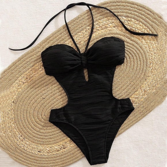 Nuoqisi Women's One Piece Swimsuit Spaghetti Strap Cut Out Halter Open Back Bathing Suit Fasion Soild V Neck Swimwear;