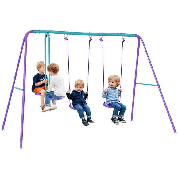 Outsunny Kids Swing Set with Glider, Outdoor Playground Playset, Purple