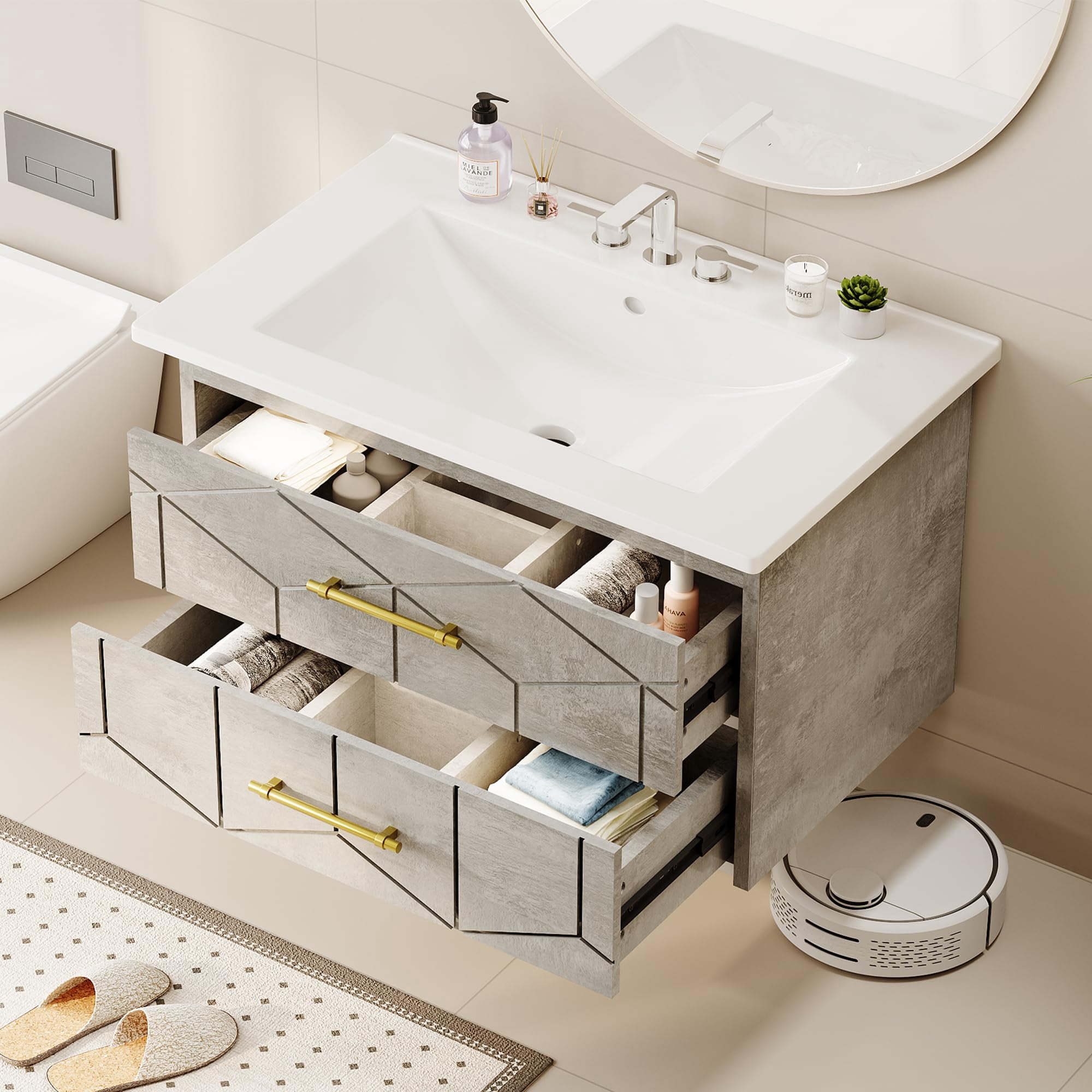 24 inch Bathroom Vanity with Sink Combo, Floating Bathroom Vanity with Ceramic Basin, 2 Large Drawers with Gold Handle, Soft-Close Design, Easy Assembly, Grey