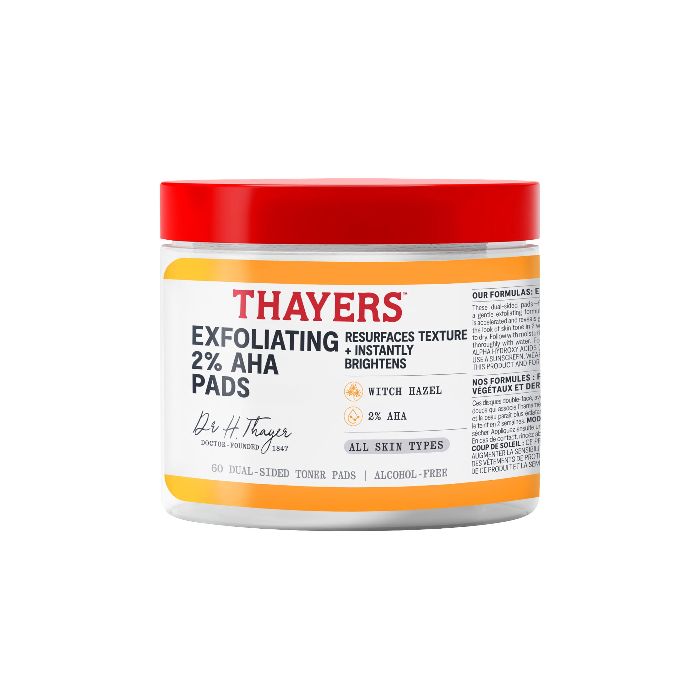 Thayers 2% AHA Exfoliating Toner Pads with Glycolic and Lactic Acid, 60 Face Cleansing Pads