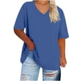 thumbnail image 1 of Moxiu Womens Plus Size Summer V Neck Tees Casual Loose Fit Short Sleeve Solid Color Oversized Basic Tunic Tops Blue,XXXXL, 1 of 4