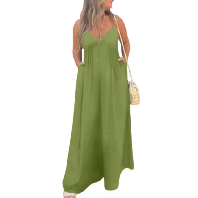 Innerwin Combinaison Longue Col en V Profond Femmes Combinaisons Vacances Sans Manches Décontracté Pantalon Large Vert Foncé L