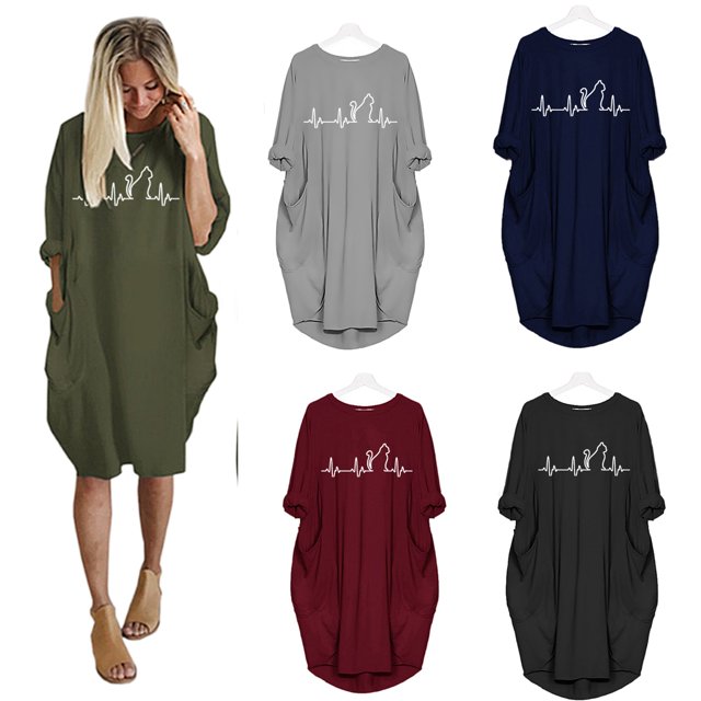 REDHOTYPE Robe Midi Décontractée pour Femmes Fashion Line Cat Élégante à Manches Longues avec Motif Cartoon Cat et Poche, Tenue d'Intérieur
