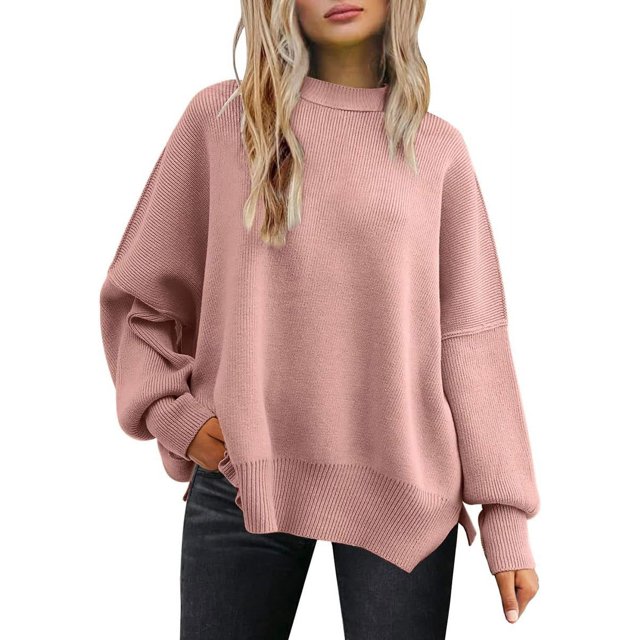 ORUYROP Women's Crewneck Batwing Long Sleeve Sweater 2023 Fall Oversized Ribbed Knit Side Slit Pullover Top